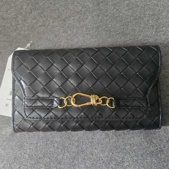 Handbags - Woven  Black Clutch with Gold Hardware